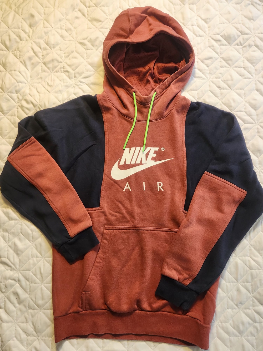 Nike Hooded Pullover Sweatshirt in Rust and Navy with Green Drawcords